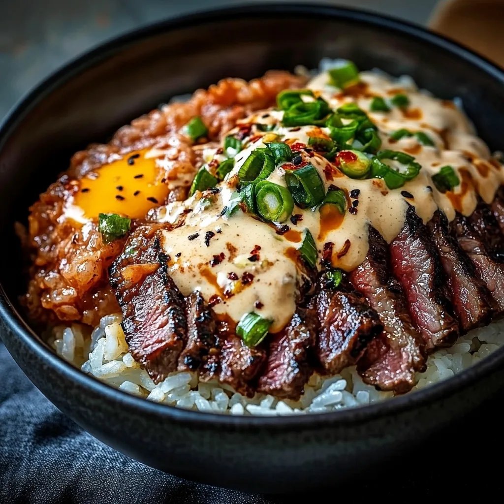 Korean BBQ Steak Rice Bowls with Spicy Cream Sauce